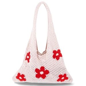 Cream Floral Knit Tote Shoulder Bag